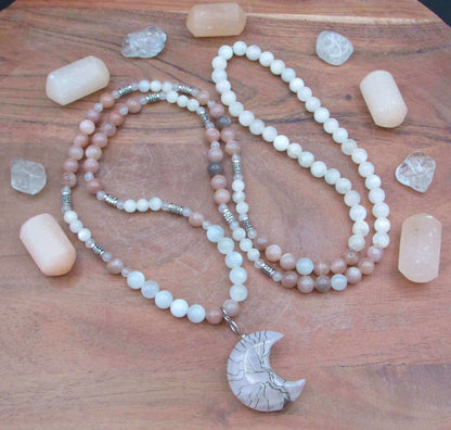 Moon Goddess Mala | Moonstone, Peach Moonstone & Rose Quartz Crystal Necklace