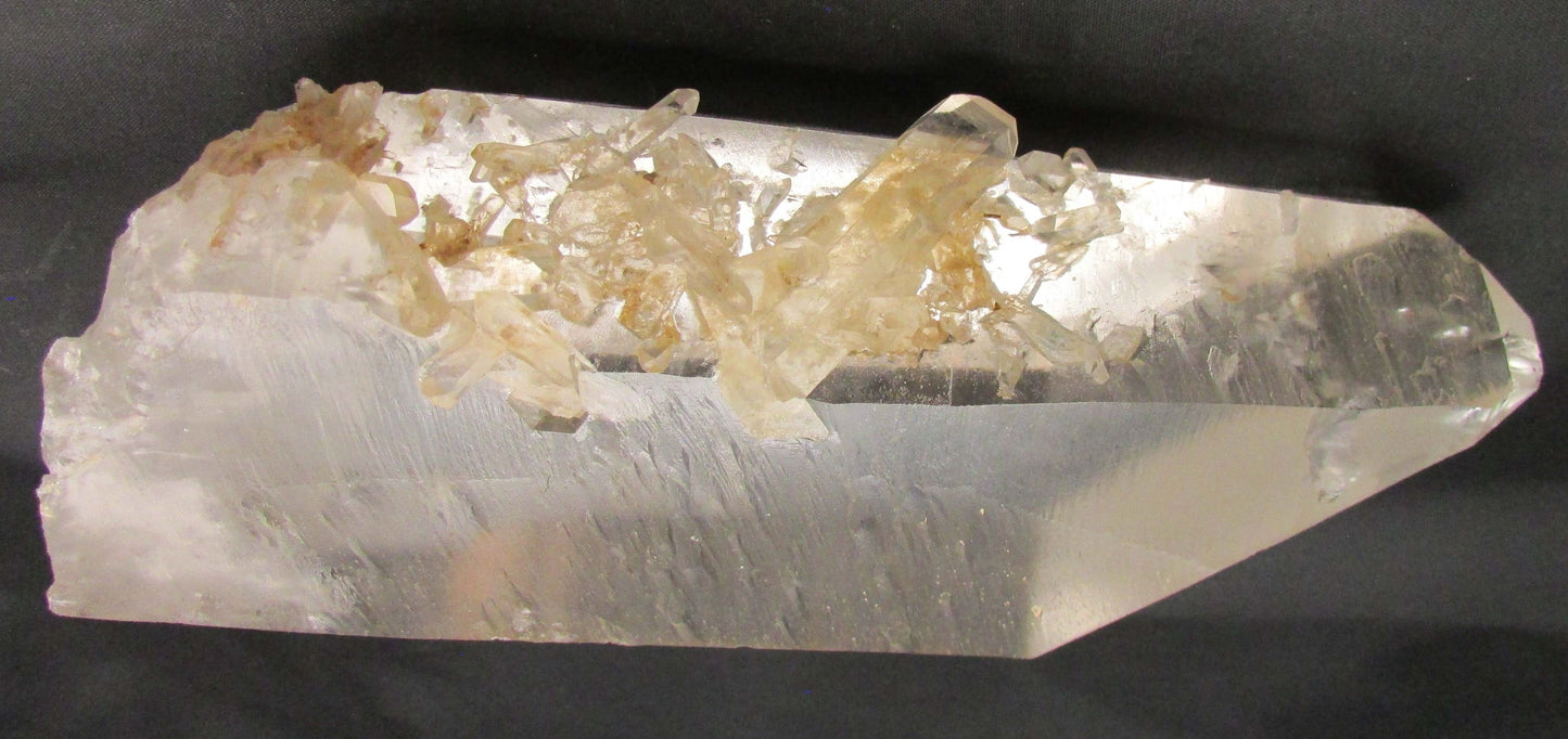 Clear crystal with embedded yellow crystals on a black background