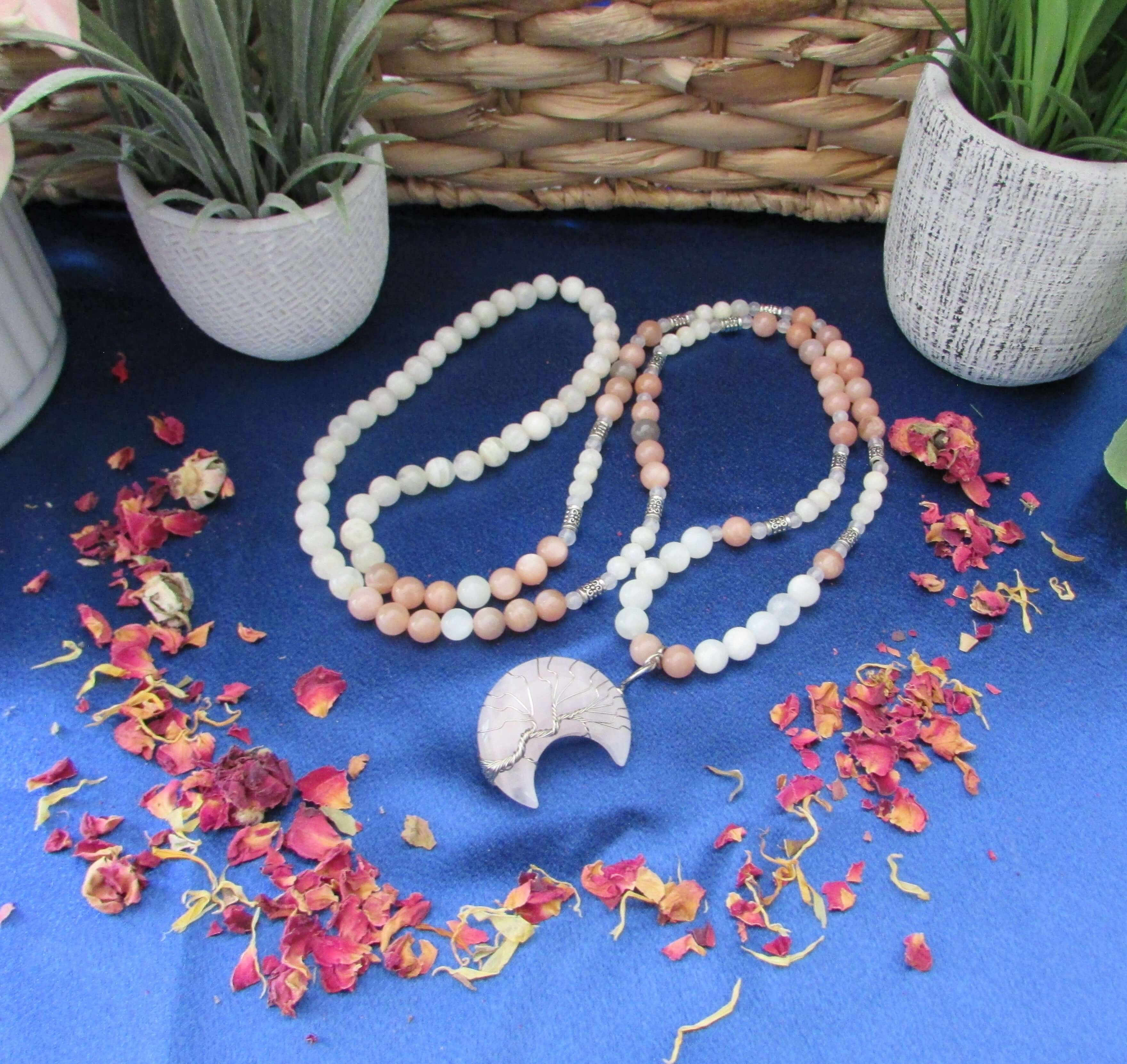 Moon Goddess Mala – Moonstone, Peach Moonstone & Rose Quartz