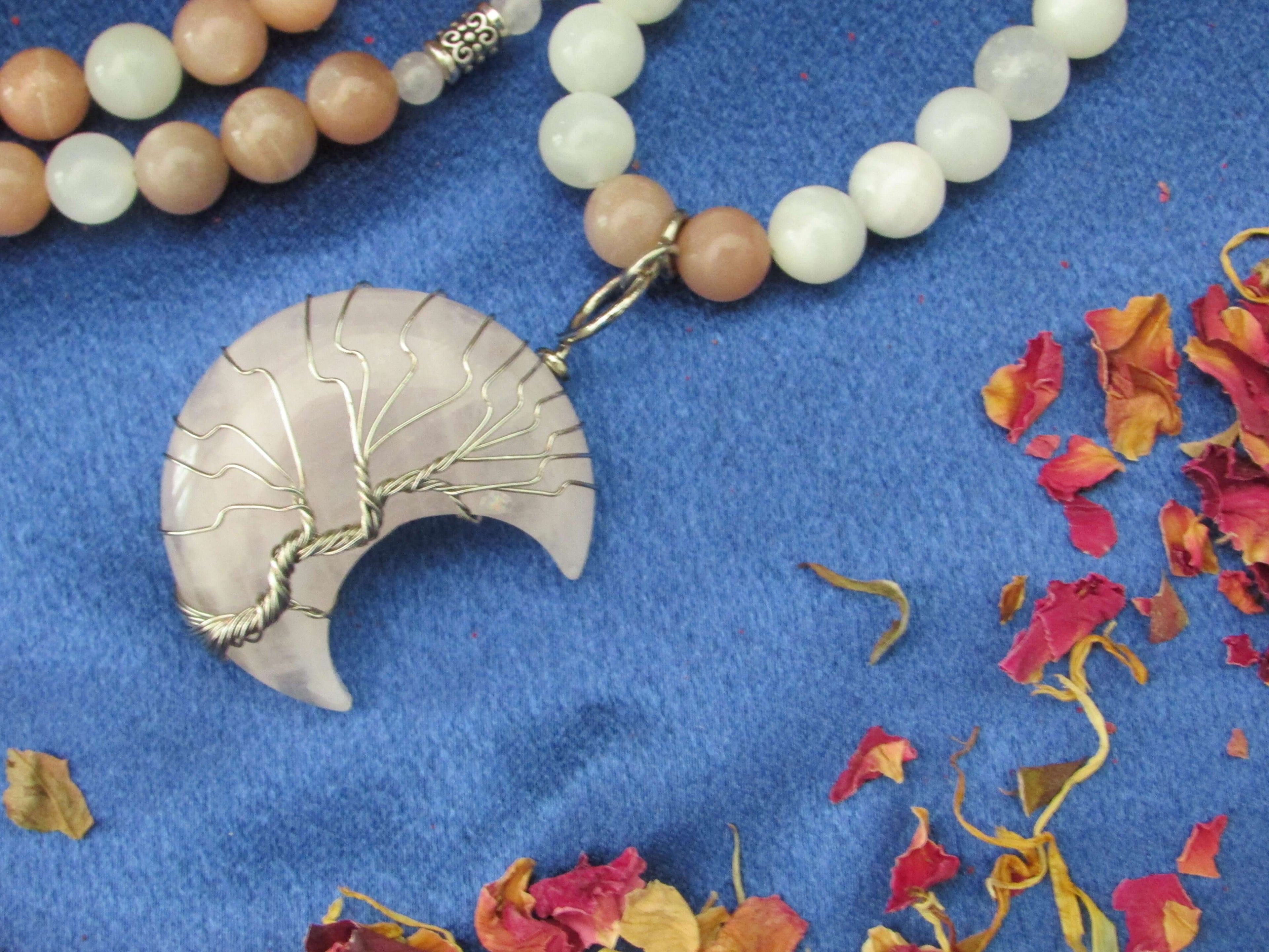 Moon Goddess Mala – Moonstone, Peach Moonstone & Rose Quartz