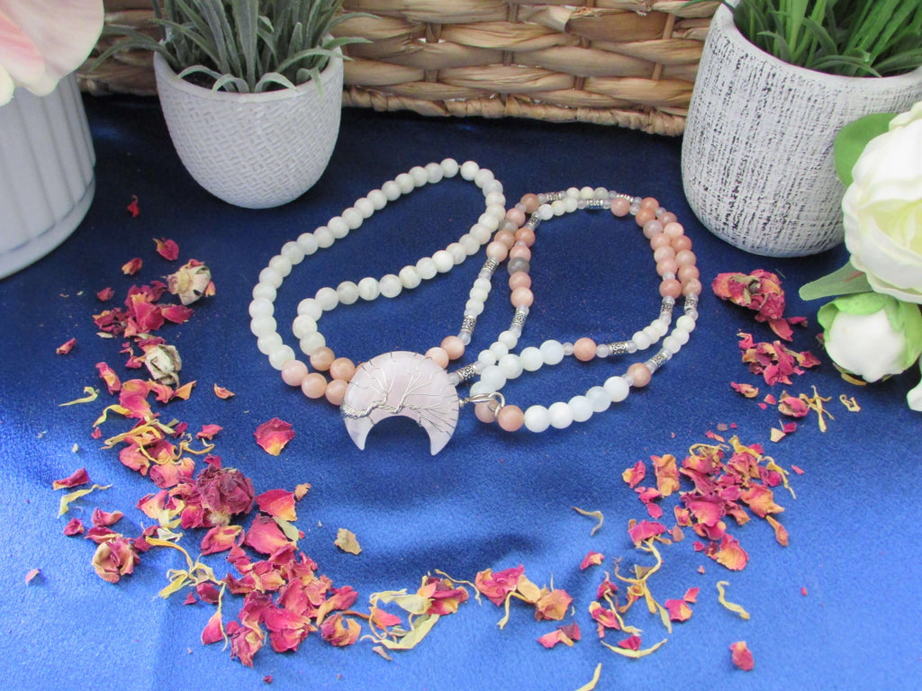Moon Goddess Mala – Moonstone, Peach Moonstone & Rose Quartz