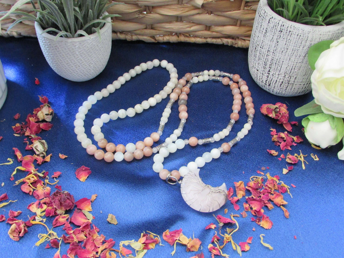 Moon Goddess Mala – Moonstone, Peach Moonstone & Rose Quartz