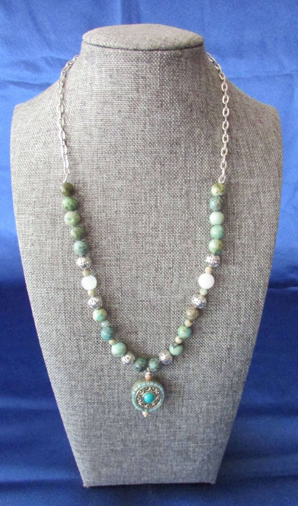 Inner Peace Crystal Necklace – African Turquoise, White Jade & Aqua Terra