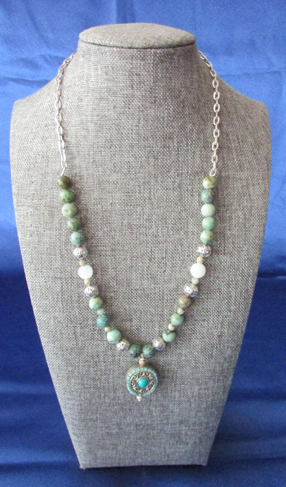 Inner Peace Crystal Necklace – African Turquoise, White Jade & Aqua Terra
