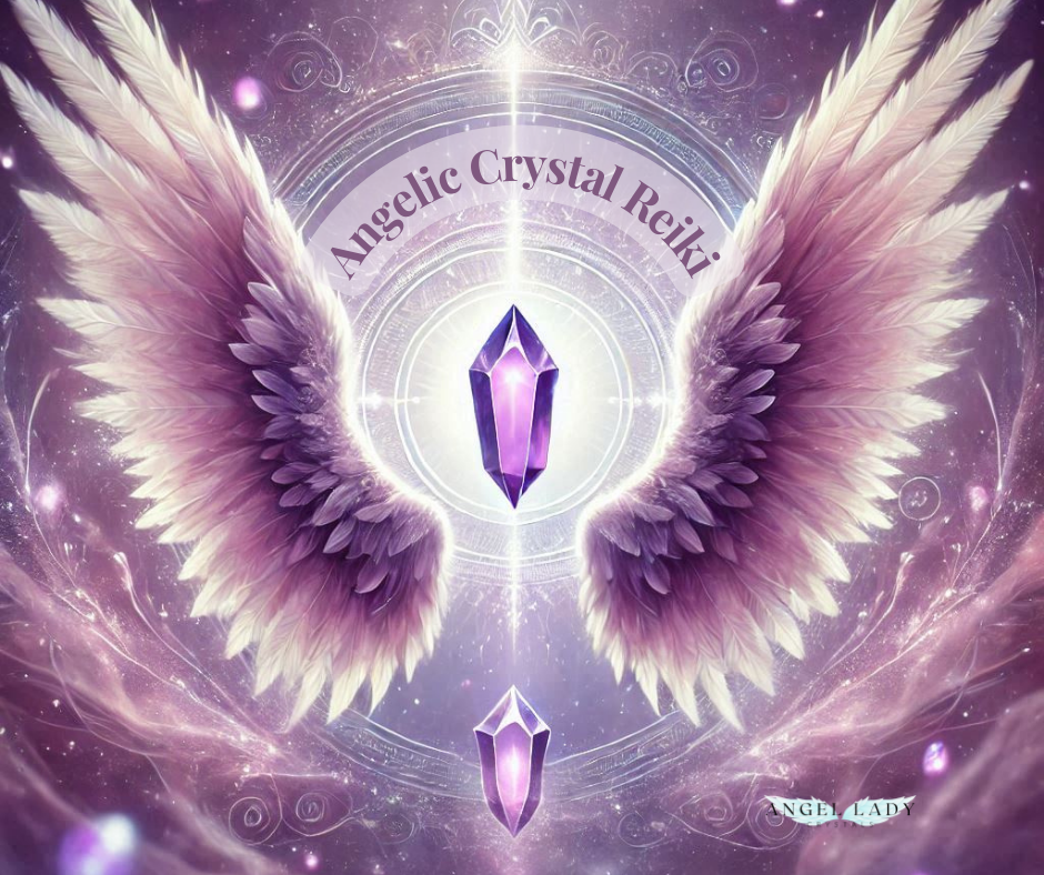 a mystical image of 2 Angel Wings, representing angelic protection and guidance, in the center of the image a purple crystal shape for spiritual transformation and energy healing, soft energy rays swirling in the background and a soft ethereal circle, in purples and lavender colors