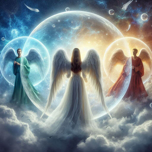 mystical bubble of white light around a woman,  with 3 angels with different colored robes outside the bubble of white light