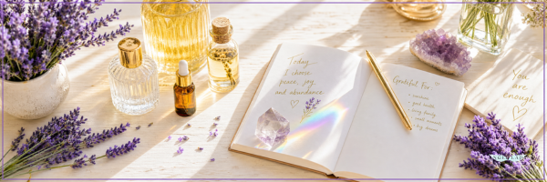 A styled flat-lay of a journal with gold-foiled lettering, surrounded by lavender sprigs, amber and glass bottles, a crystal cluster, and a gold pen on a sunlit wooden surface.