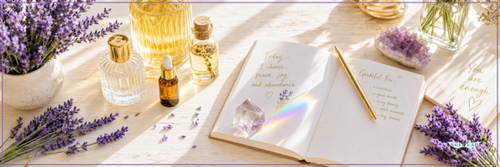 A styled flat-lay of a journal with gold-foiled lettering, surrounded by lavender sprigs, amber and glass bottles, a crystal cluster, and a gold pen on a sunlit wooden surface.