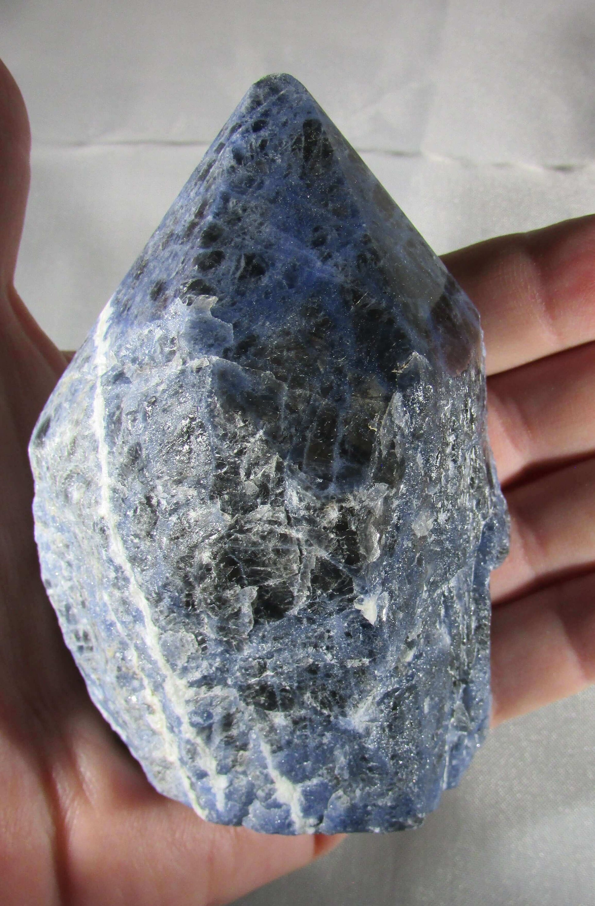 sodalite rough point, top polished point, brazil crystal