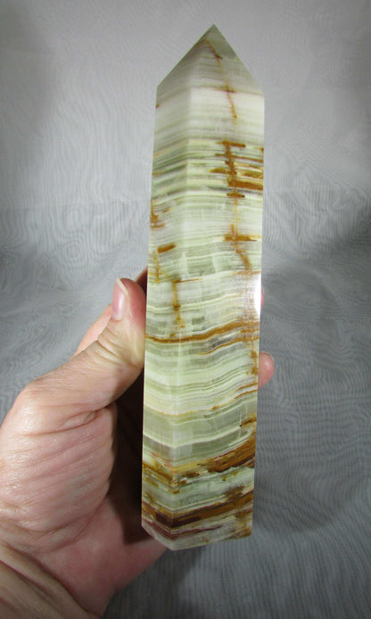 Green Banded Onyx Sphere, Polished Onyx Obelisk crystal from Brazil