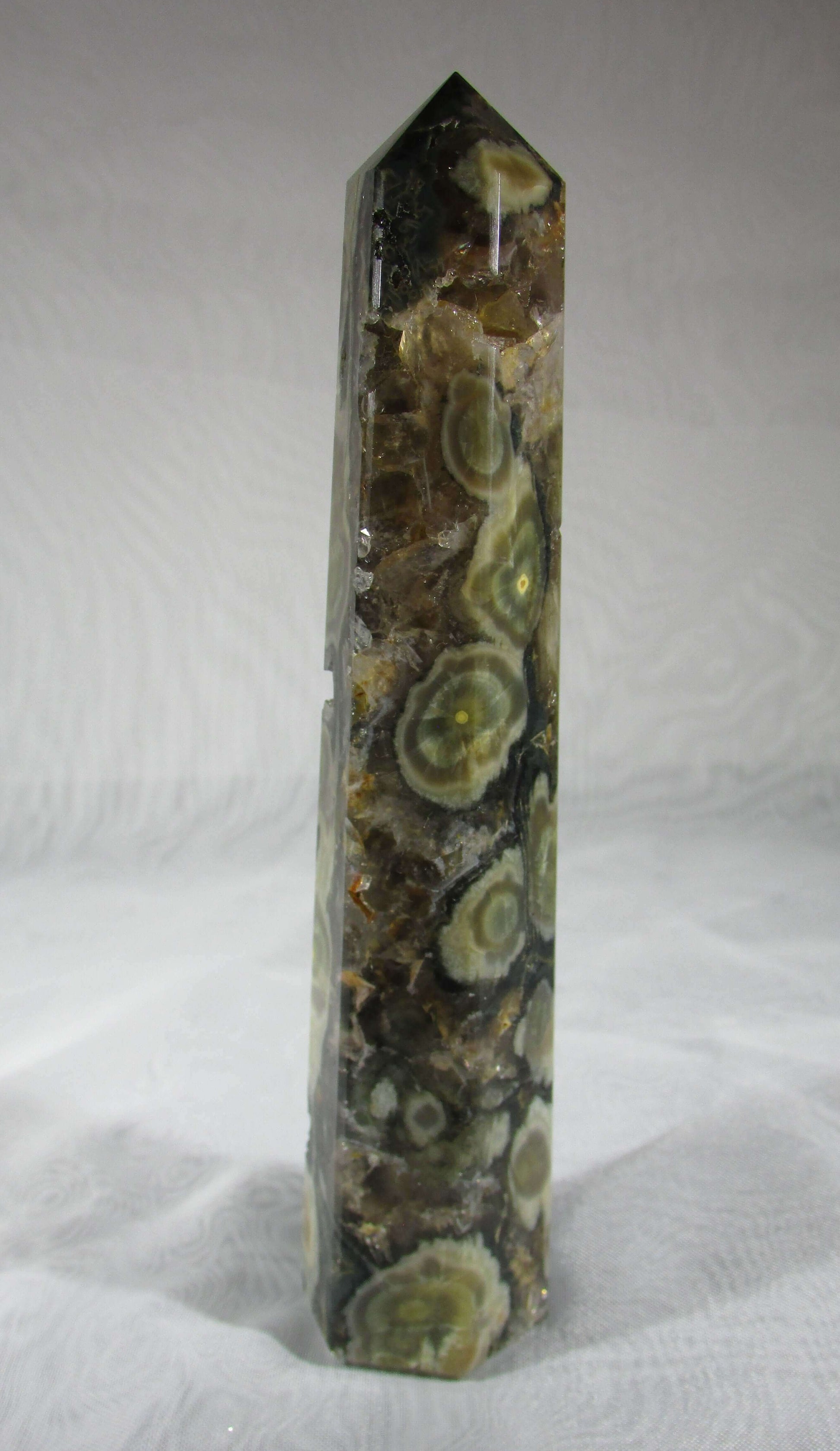orbicual ocean jasper crystal pillar, crystal wand, obelisk