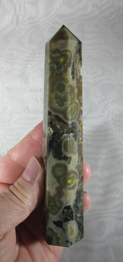 orbicual ocean jasper crystal pillar, crystal wand, obelisk