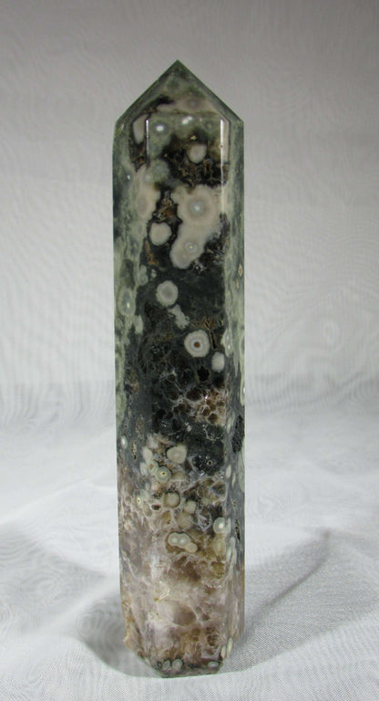 orbicual ocean jasper crystal pillar, crystal wand, obelisk