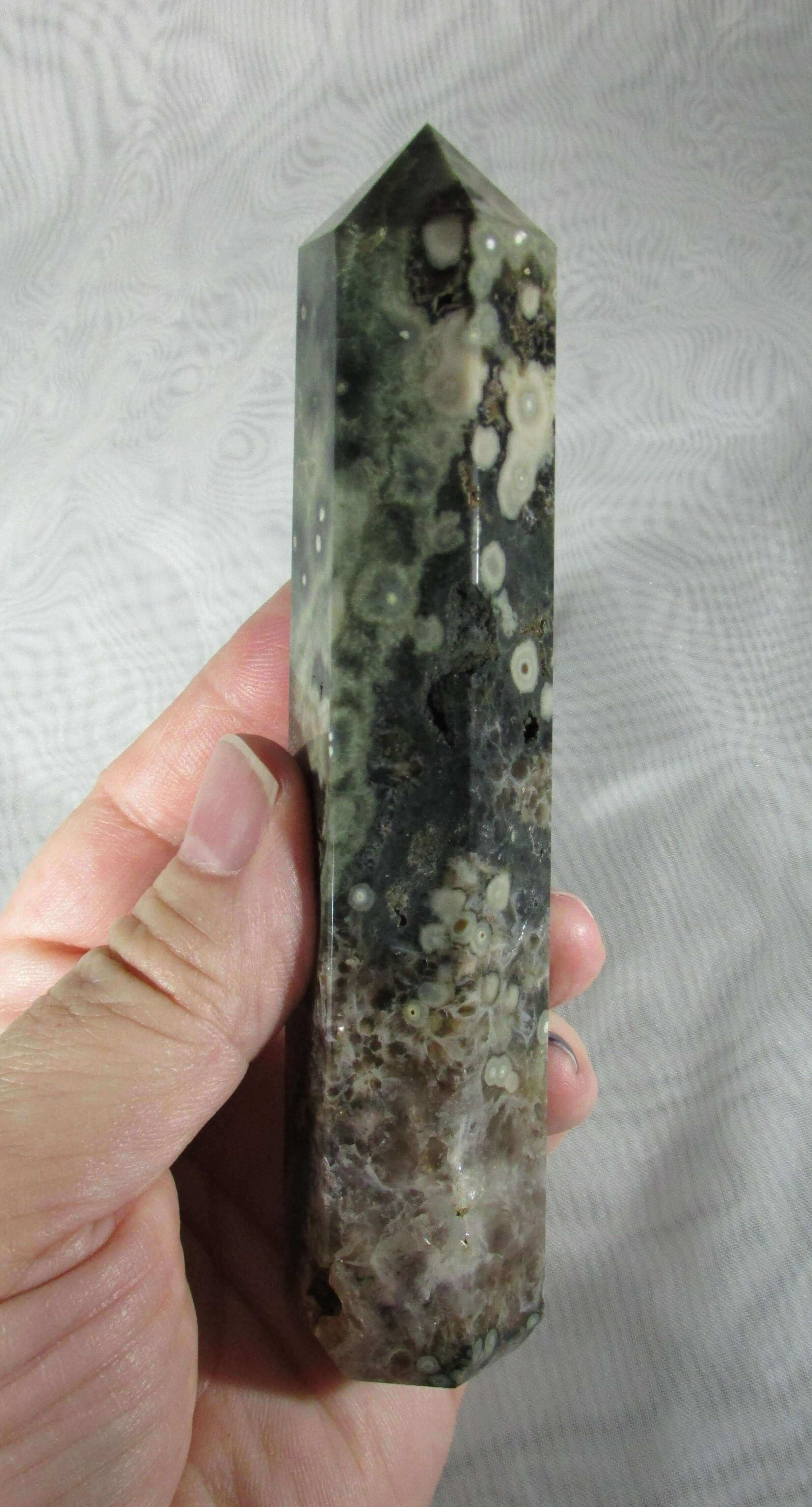 orbicual ocean jasper crystal pillar, crystal wand, obelisk