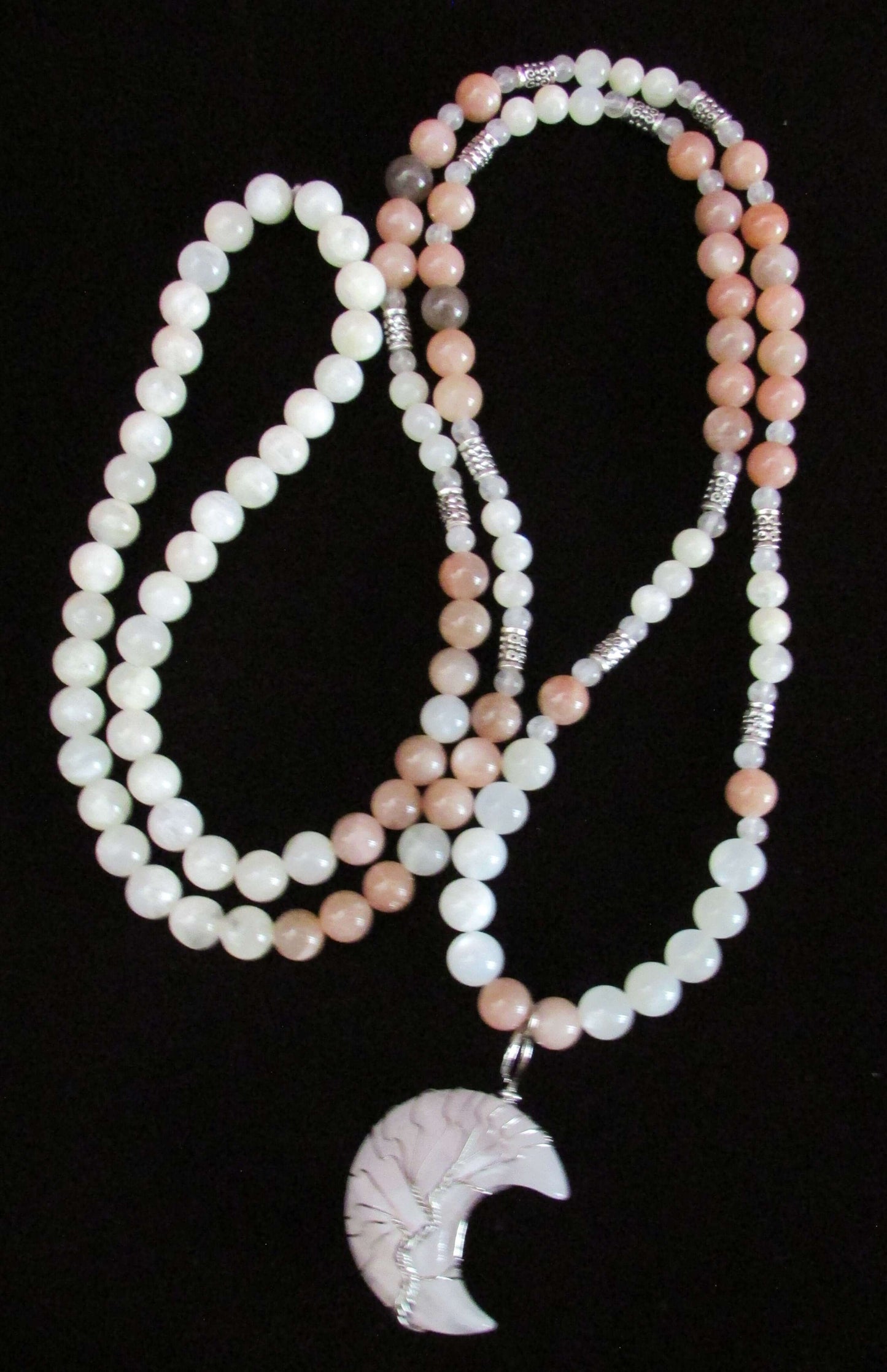 Mala Necklace Moon Goddess Peach Moonstone Crystal Jewlery