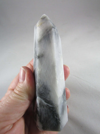 grey chalcedony crystal pillar, grey white chalcedony obelisk