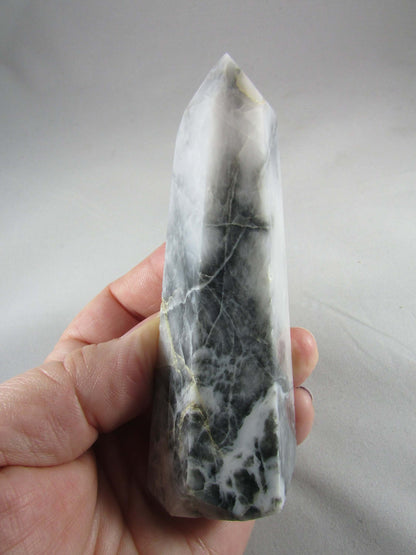 grey chalcedony crystal pillar, grey white chalcedony obelisk